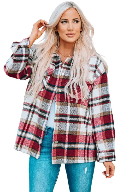 Orange geometric plaid print pocketed shacket - shackets