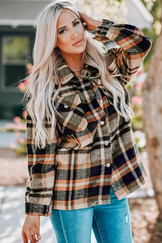 Orange geometric plaid print pocketed shacket - shackets