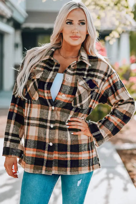 Orange geometric plaid print pocketed shacket - shackets