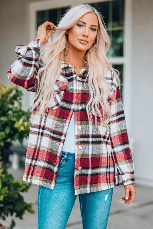 Orange geometric plaid print pocketed shacket - shackets