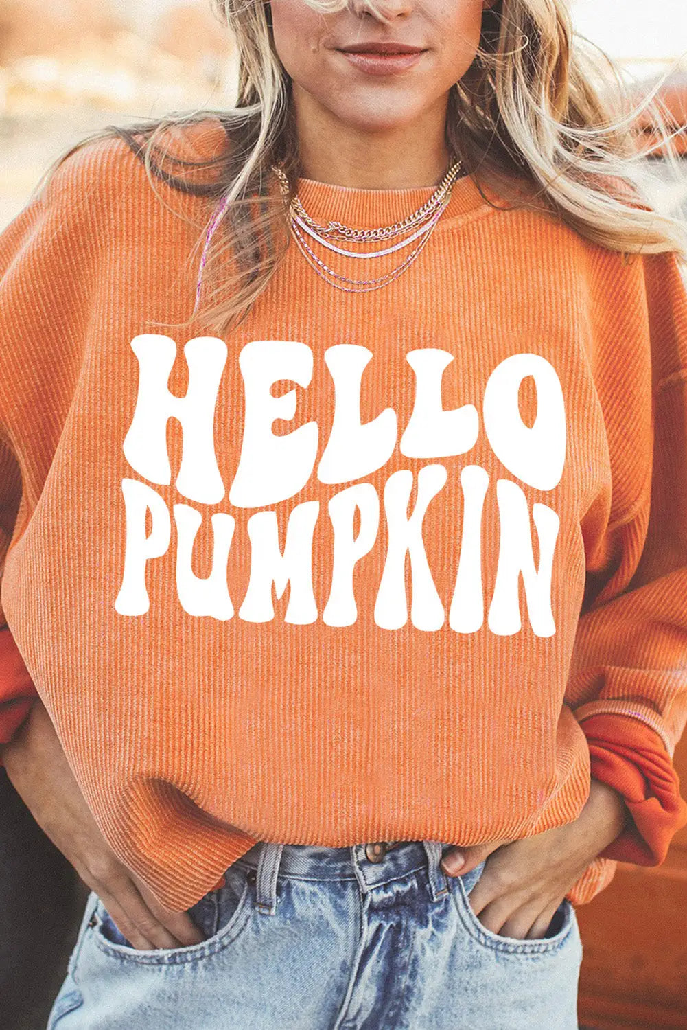 Orange hello pumpkin letter graphic corded sweatshirt - orange-3 / s / 100% polyester - sweatshirts