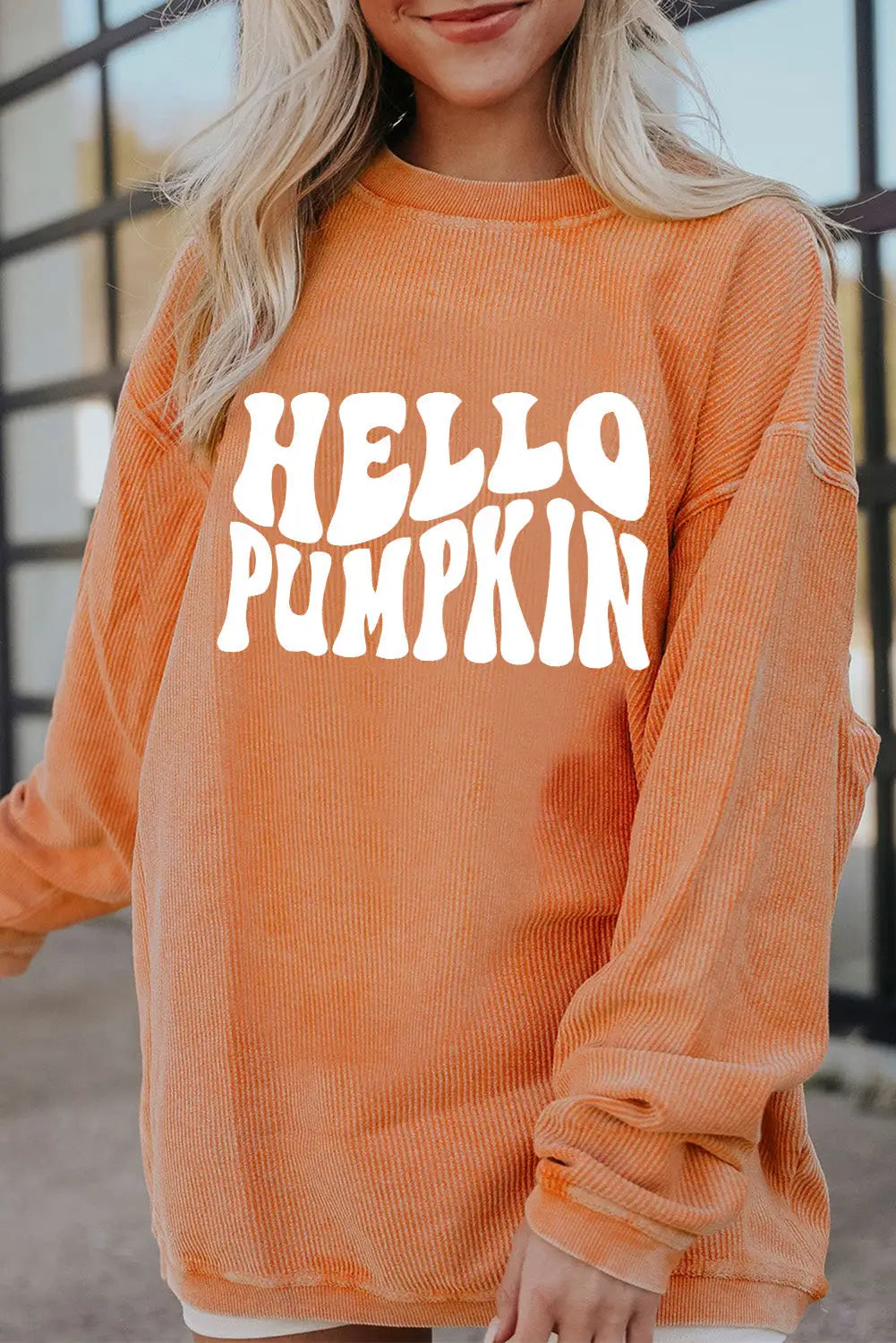 Orange hello pumpkin letter graphic corded sweatshirt - sweatshirts