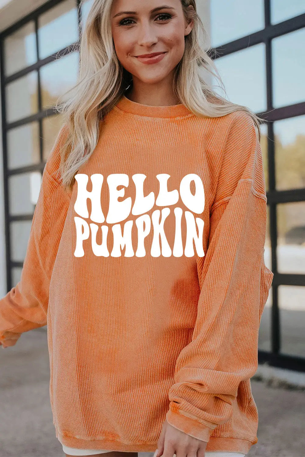 Orange hello pumpkin letter graphic corded sweatshirt - sweatshirts