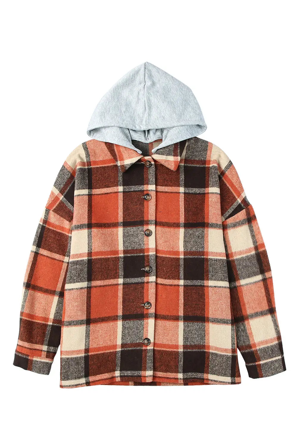 Orange hooded plaid button front shacket - shackets