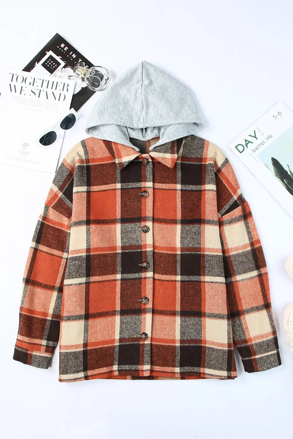 Orange hooded plaid button front shacket - shackets