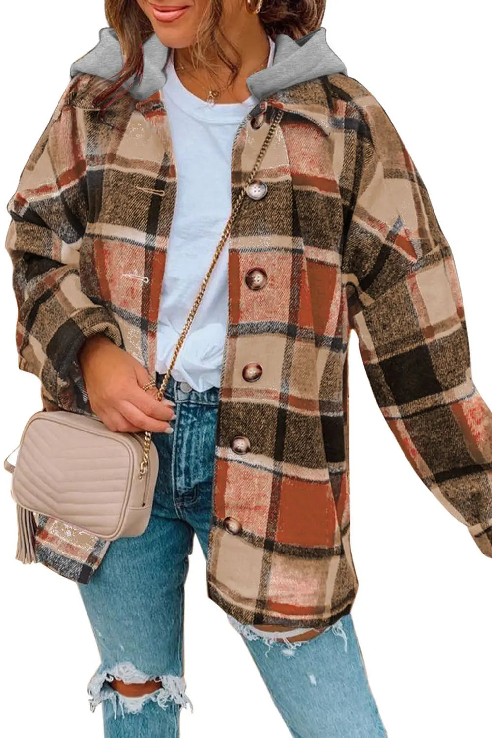 Orange hooded plaid button front shacket - outerwear