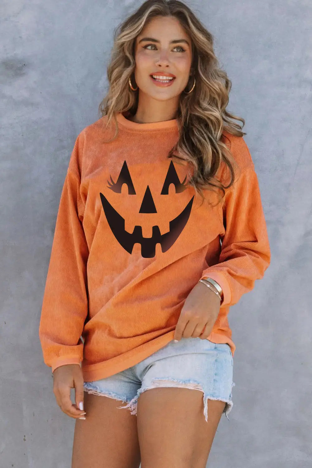 Orange howdy pumpkin halloween graphic corded sweatshirt - sweatshirts