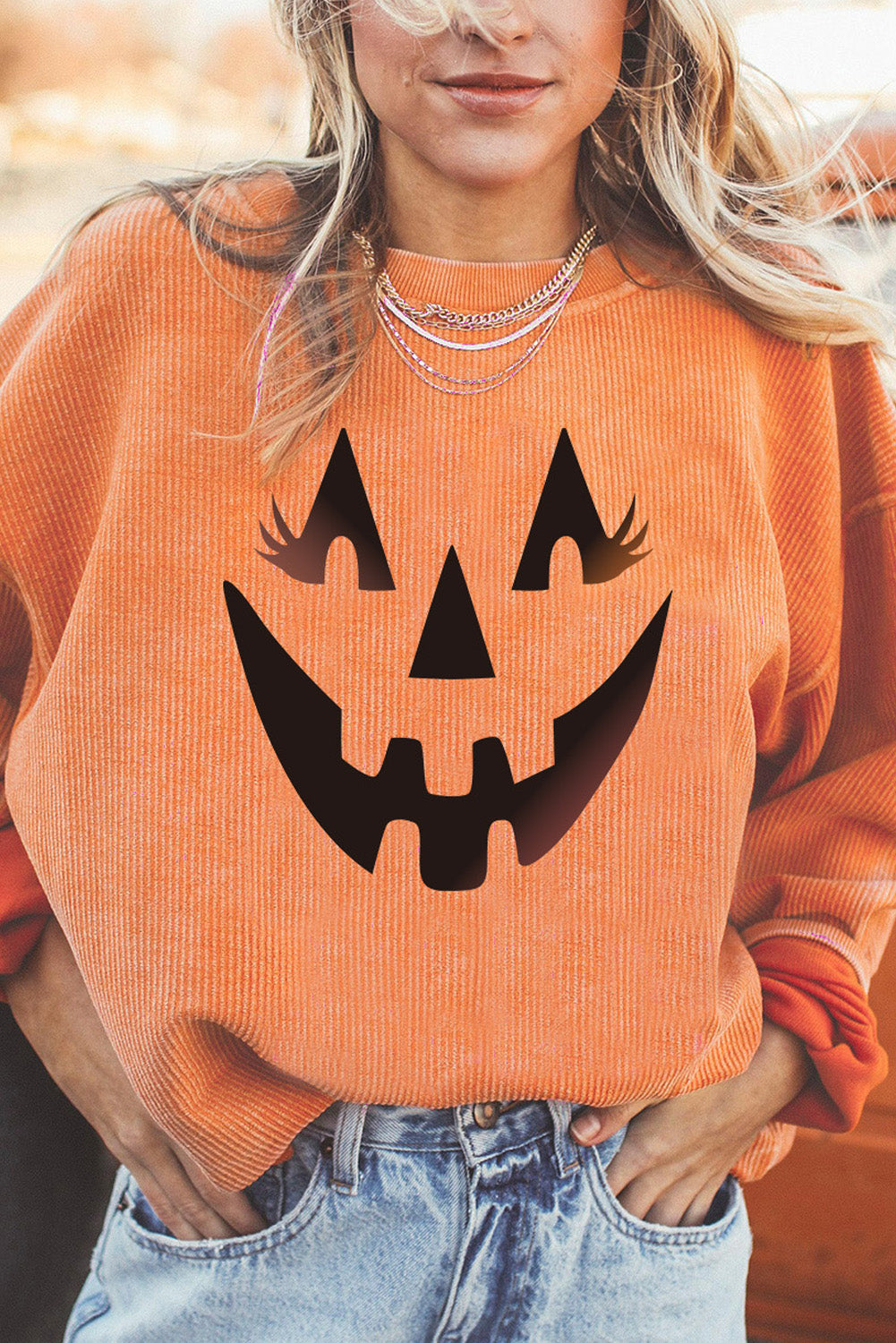 Orange howdy pumpkin halloween graphic corded sweatshirt - orange-31 / s / 100% polyester - sweatshirts