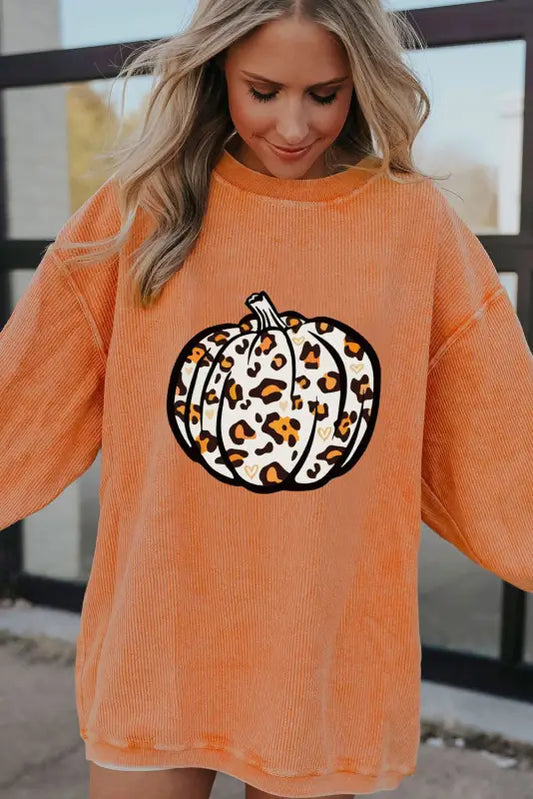 Orange leopard pumpkin graphic corded sweatshirt