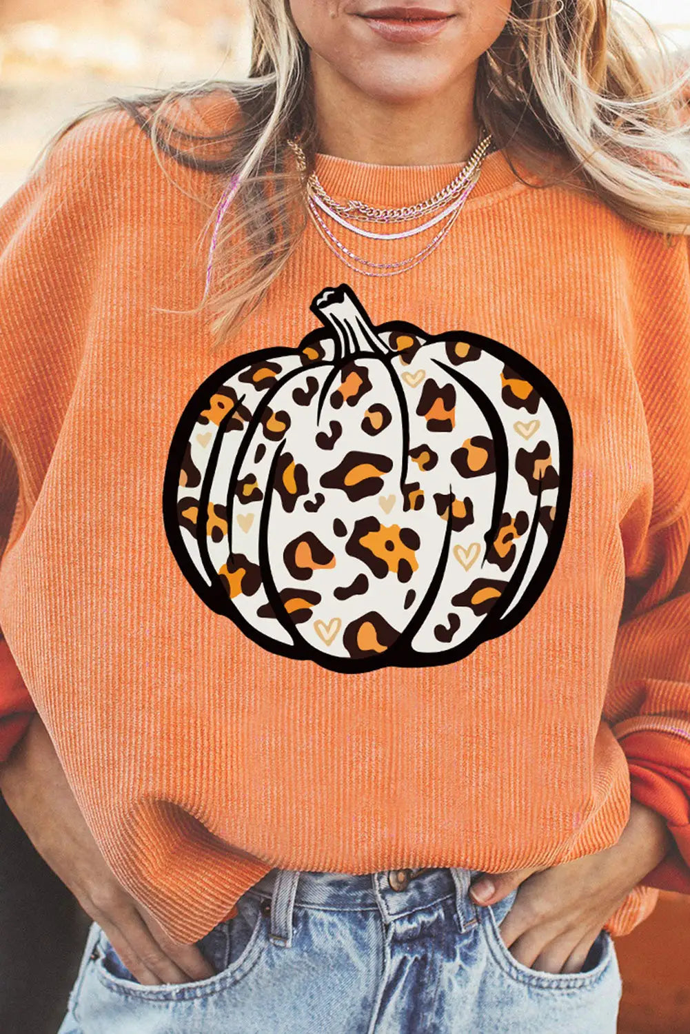 Orange leopard pumpkin graphic corded sweatshirt - orange-3 / s / 100% polyester