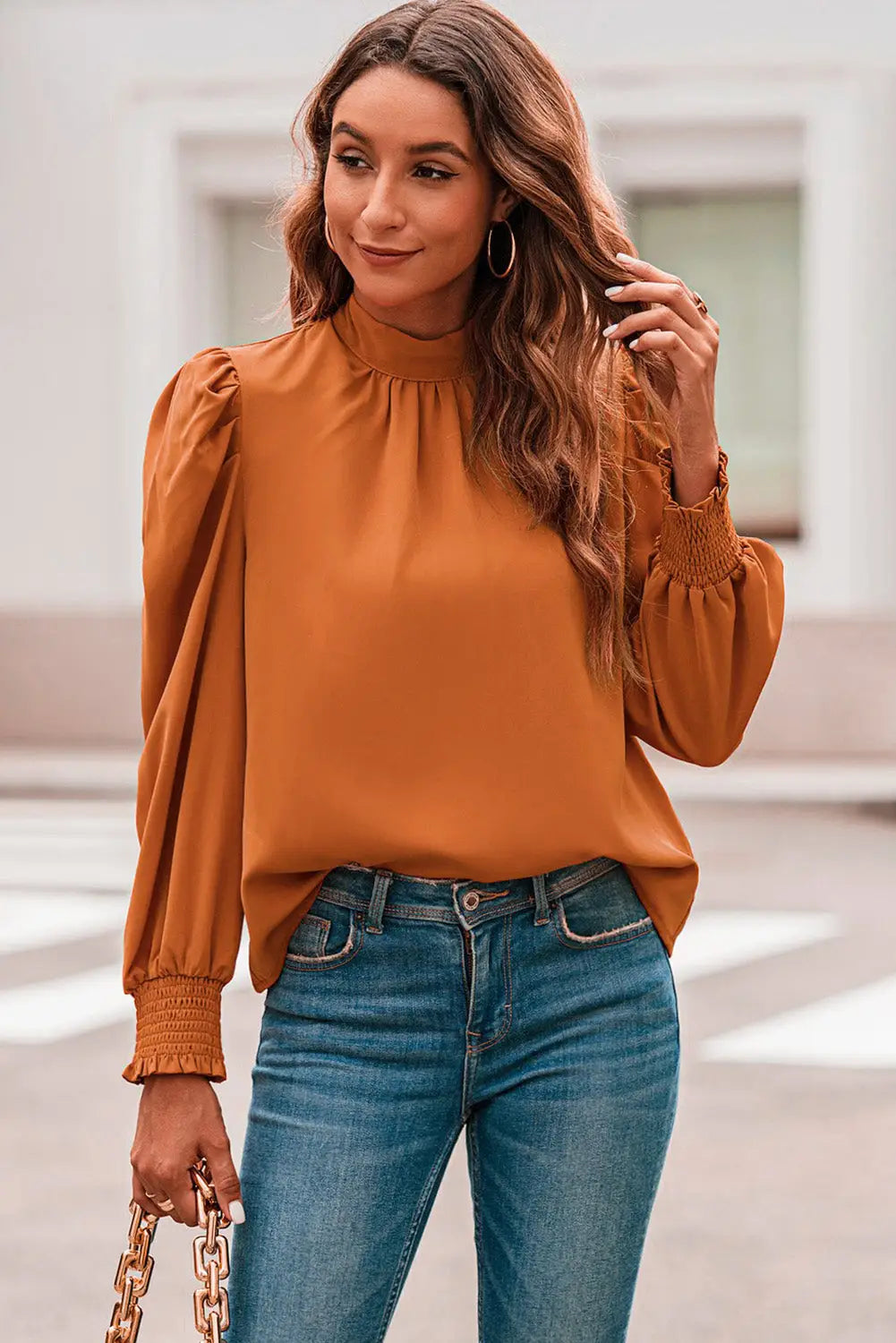 Orange long bubble sleeve mock neck chiffon blouse - s / 100% polyester - tops