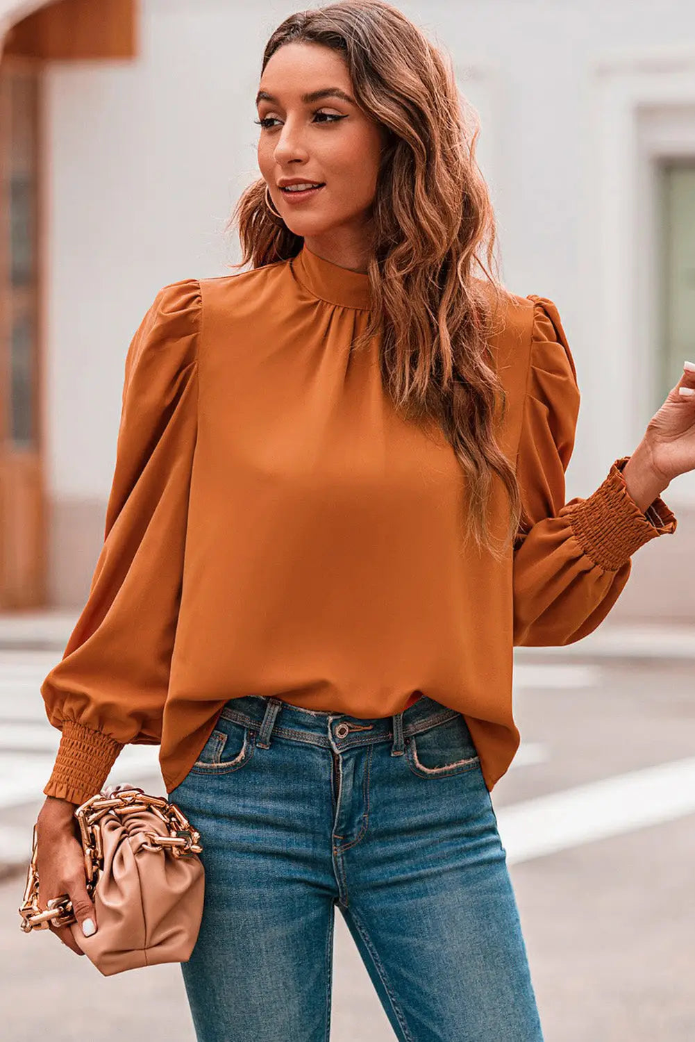 Orange long bubble sleeve mock neck chiffon blouse - tops