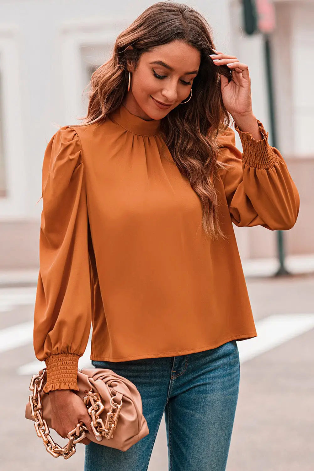 Orange long bubble sleeve mock neck chiffon blouse - tops