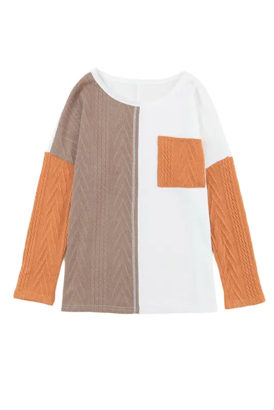 Orange long sleeve colorblock chest pocket textured knit top - tops