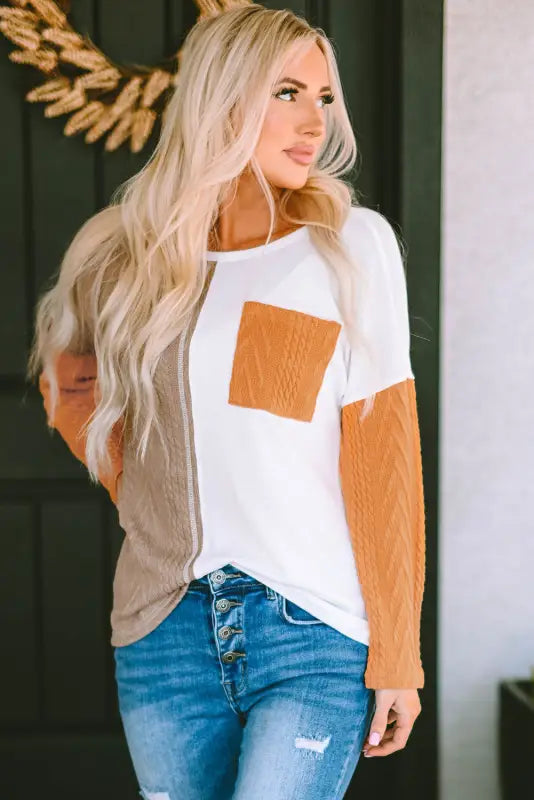 Orange long sleeve colorblock chest pocket textured knit top - tops