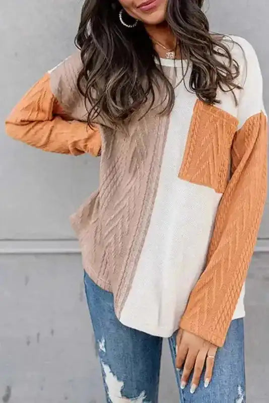 Orange Long Sleeve Colorblock Chest Pocket Textured Knit Top - Fashionfitz