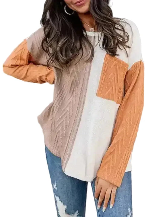 Orange textured knit colourblock chest pocket long sleeve top front view — Fashionfitz UK