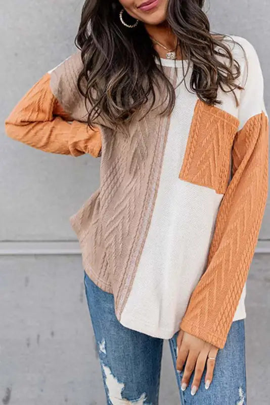 Orange long sleeve colorblock chest pocket textured knit top - tops