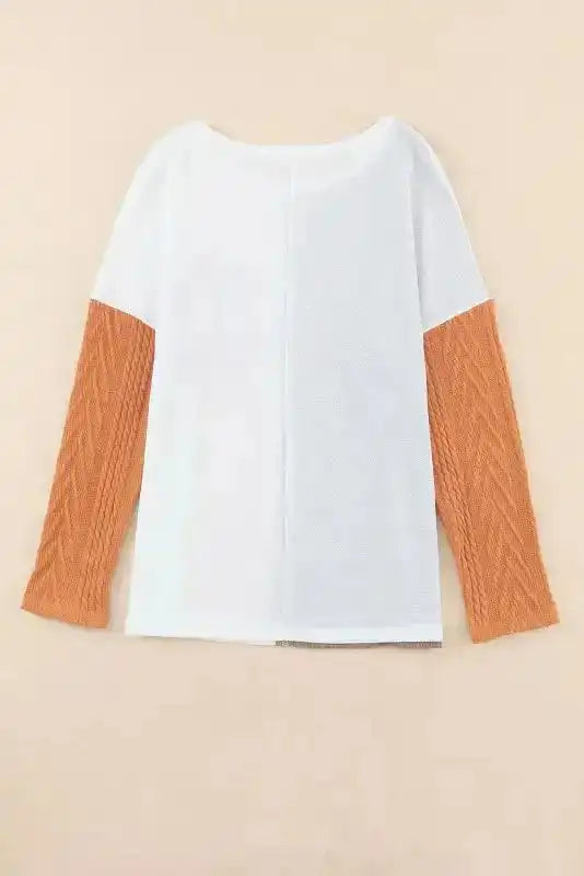Orange Long Sleeve Colorblock Chest Pocket Textured Knit Top - Fashionfitz