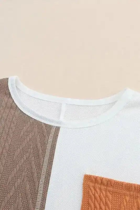 Orange Long Sleeve Colorblock Chest Pocket Textured Knit Top - Fashionfitz