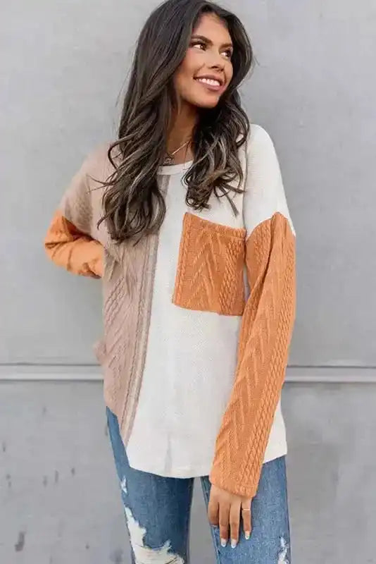 Orange Long Sleeve Colorblock Chest Pocket Textured Knit Top - Fashionfitz