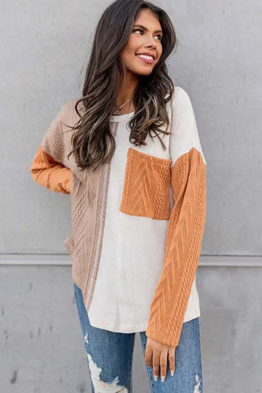 Orange long sleeve colorblock chest pocket textured knit top - tops