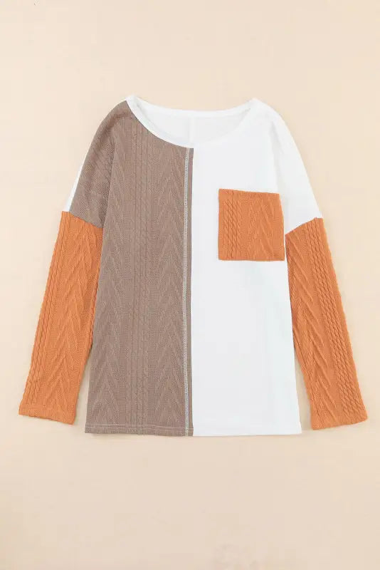 Orange long sleeve colorblock chest pocket textured knit top - tops