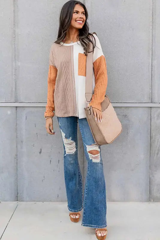 Orange long sleeve colorblock chest pocket textured knit top - tops