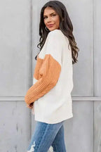Orange Long Sleeve Colorblock Chest Pocket Textured Knit Top - Fashionfitz