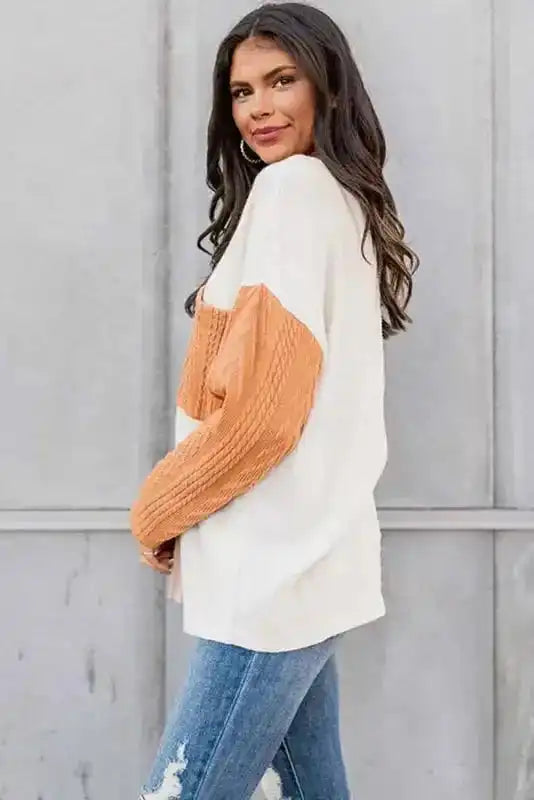 Orange Long Sleeve Colorblock Chest Pocket Textured Knit Top - Fashionfitz