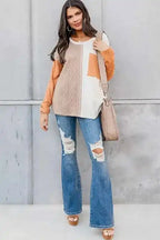 Orange Long Sleeve Colorblock Chest Pocket Textured Knit Top - Fashionfitz