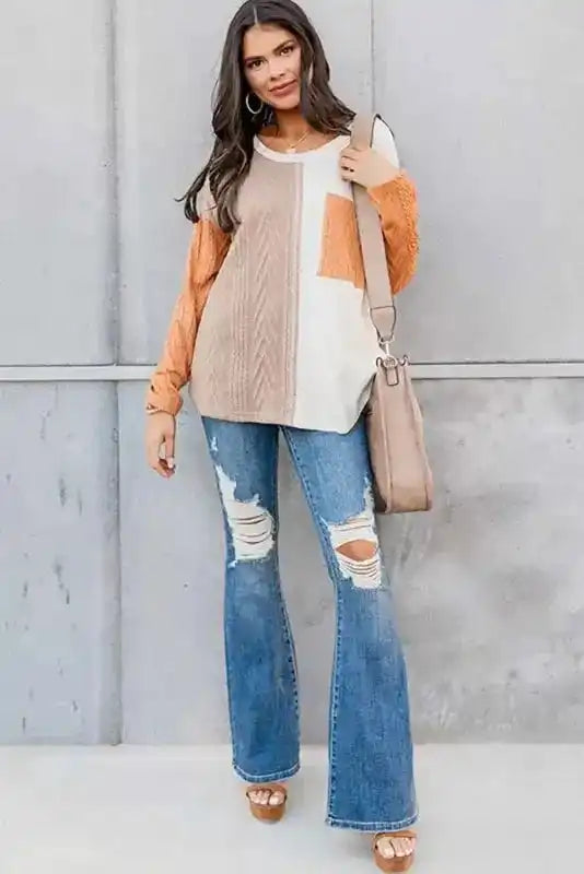 Orange Long Sleeve Colorblock Chest Pocket Textured Knit Top - Fashionfitz
