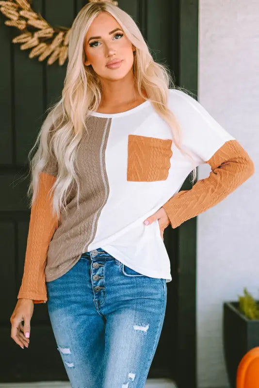 Orange long sleeve colorblock chest pocket textured knit top - tops