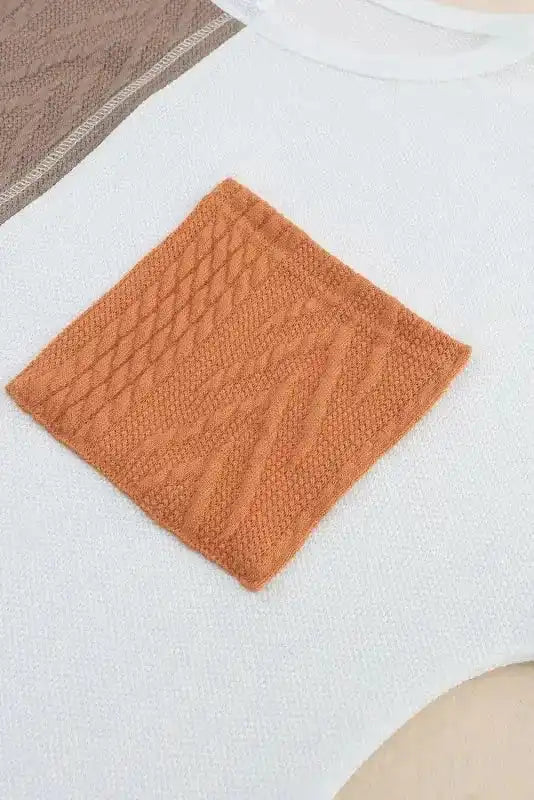 Orange Long Sleeve Colorblock Chest Pocket Textured Knit Top - Fashionfitz