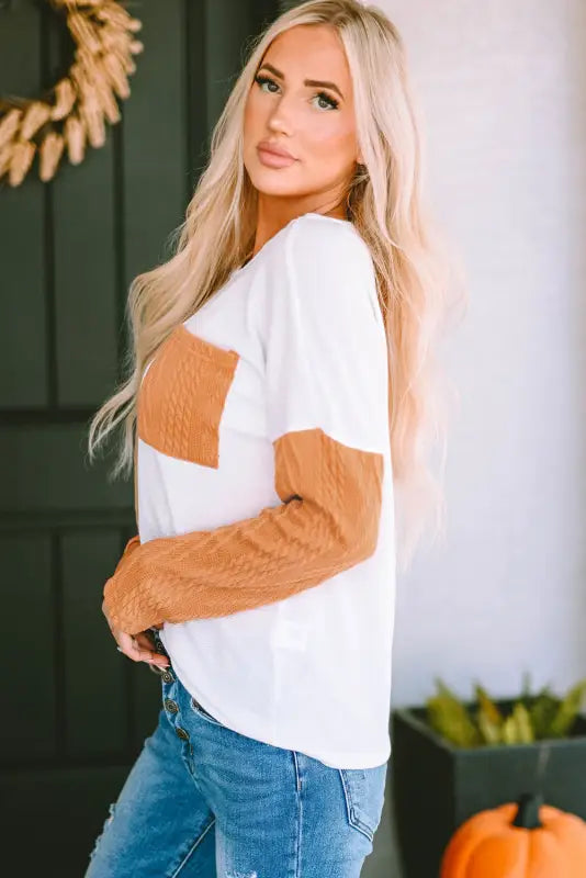 Orange long sleeve colorblock chest pocket textured knit top - tops