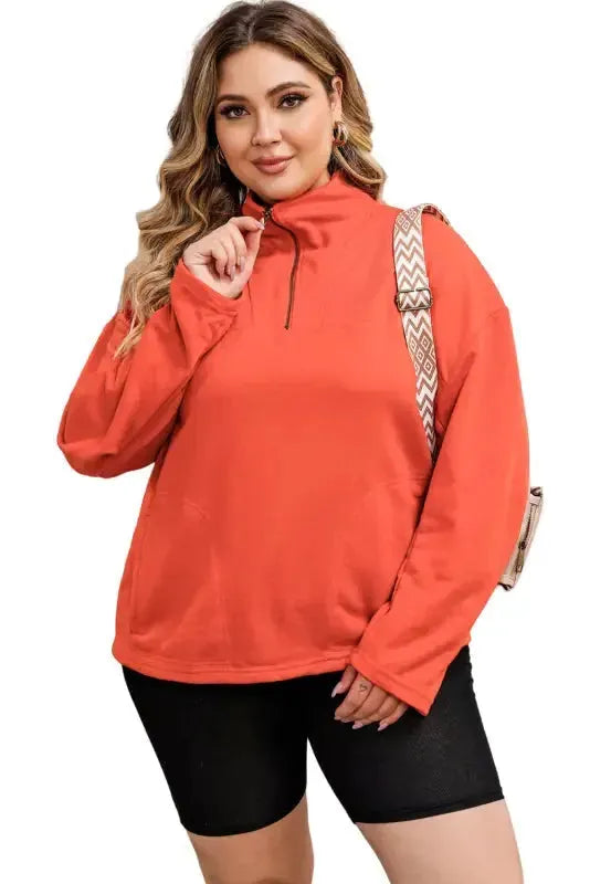 Orange O-ring Zipper Pocketed Plus Size Sweatshirt - Fashionfitz