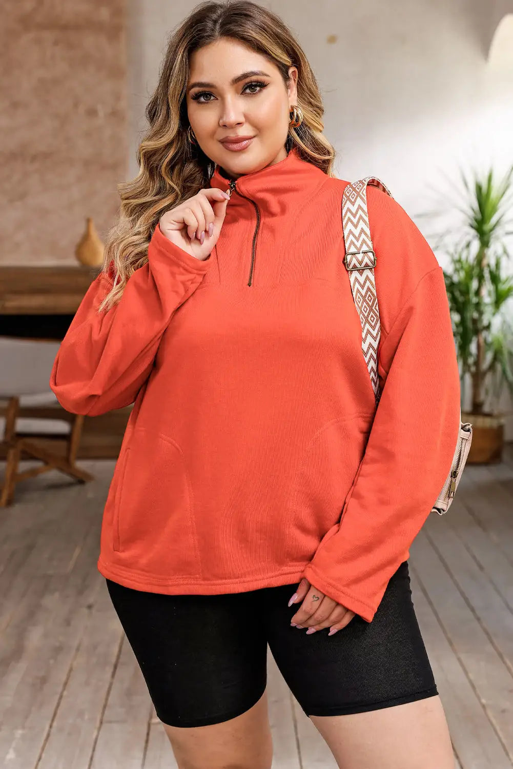 Orange o-ring zipper pocketed plus size sweatshirt - 1x / 80% polyester + 20% cotton