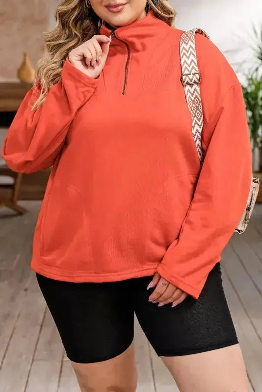 Orange O-ring Zipper Pocketed Plus Size Sweatshirt - Fashionfitz