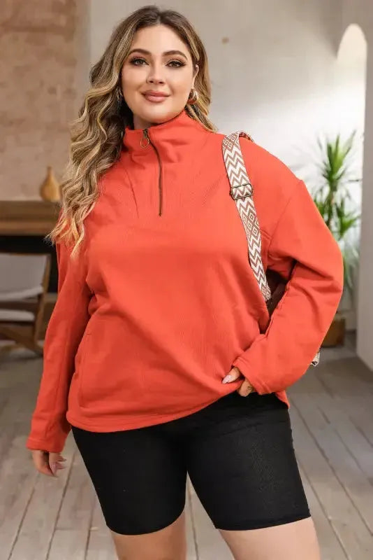 Orange O-ring Zipper Pocketed Plus Size Sweatshirt - Fashionfitz