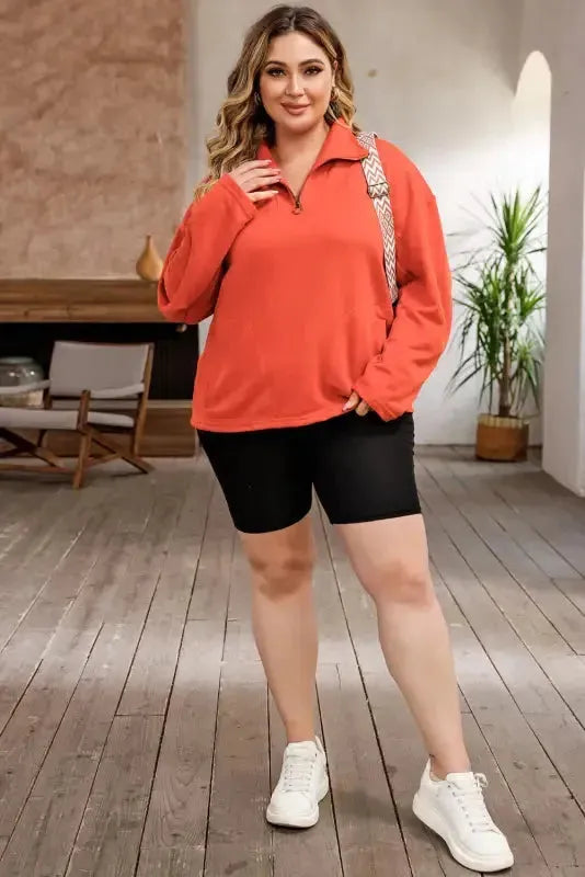 Orange O-ring Zipper Pocketed Plus Size Sweatshirt - Fashionfitz