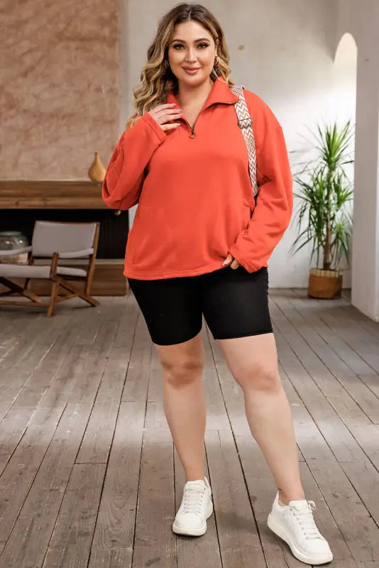 Orange o-ring zipper pocketed plus size sweatshirt