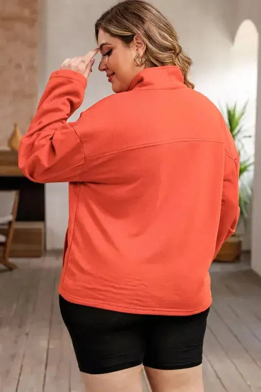 Orange O-ring Zipper Pocketed Plus Size Sweatshirt - Fashionfitz