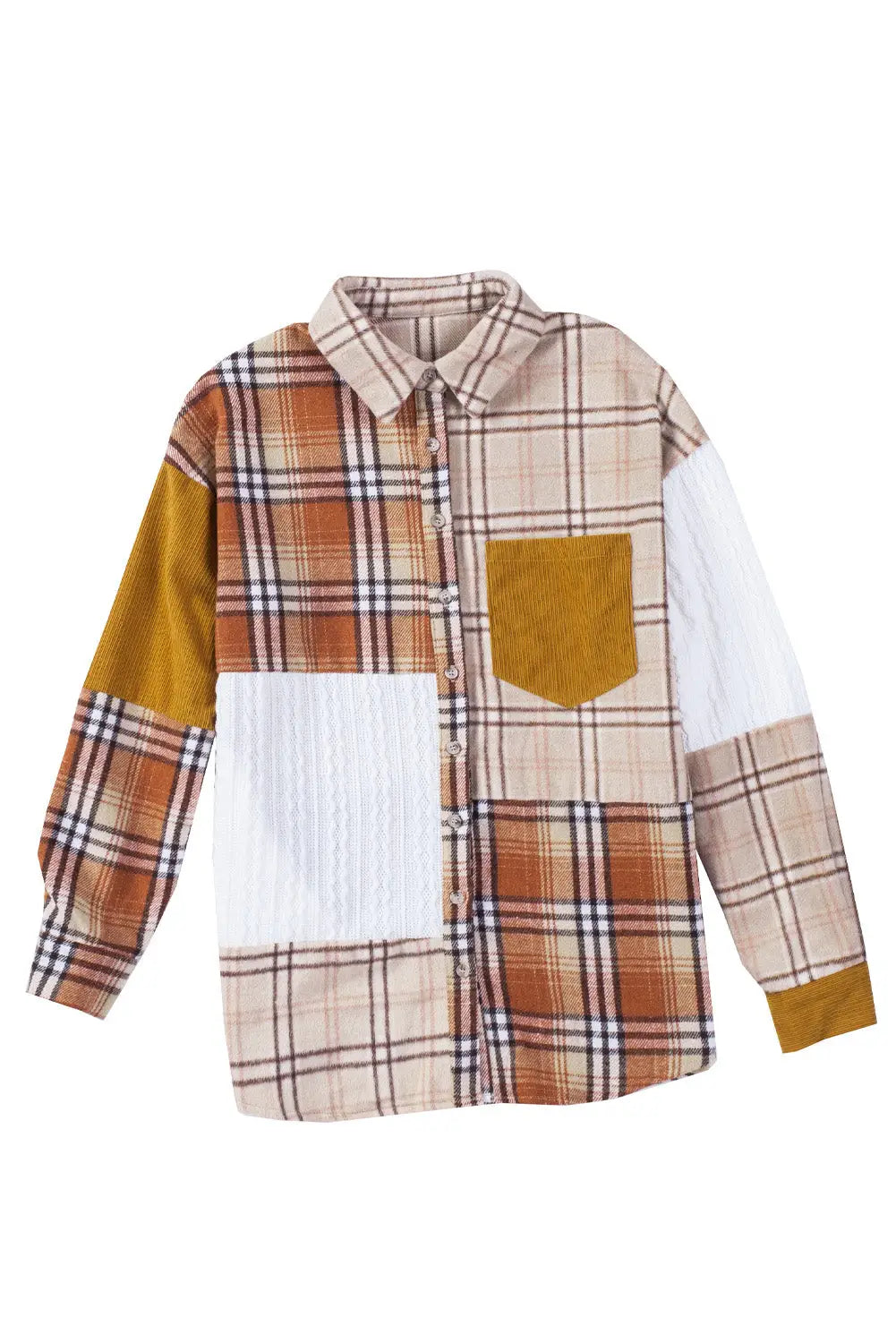 Orange plaid color block patchwork shirt jacket with pocket - shackets