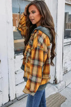 Orange Plaid Hooded Snap Button Jacket - Fashionfitz