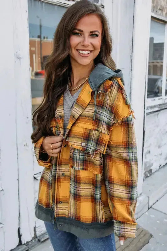 Orange Plaid Hooded Snap Button Jacket - Fashionfitz