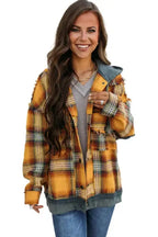 Orange Plaid Hooded Snap Button Jacket - Fashionfitz