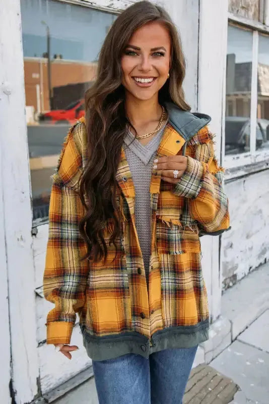 Orange Plaid Hooded Snap Button Jacket - Fashionfitz