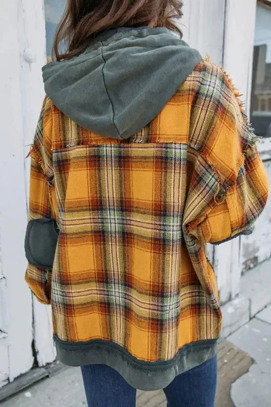Orange Plaid Hooded Snap Button Jacket - Fashionfitz