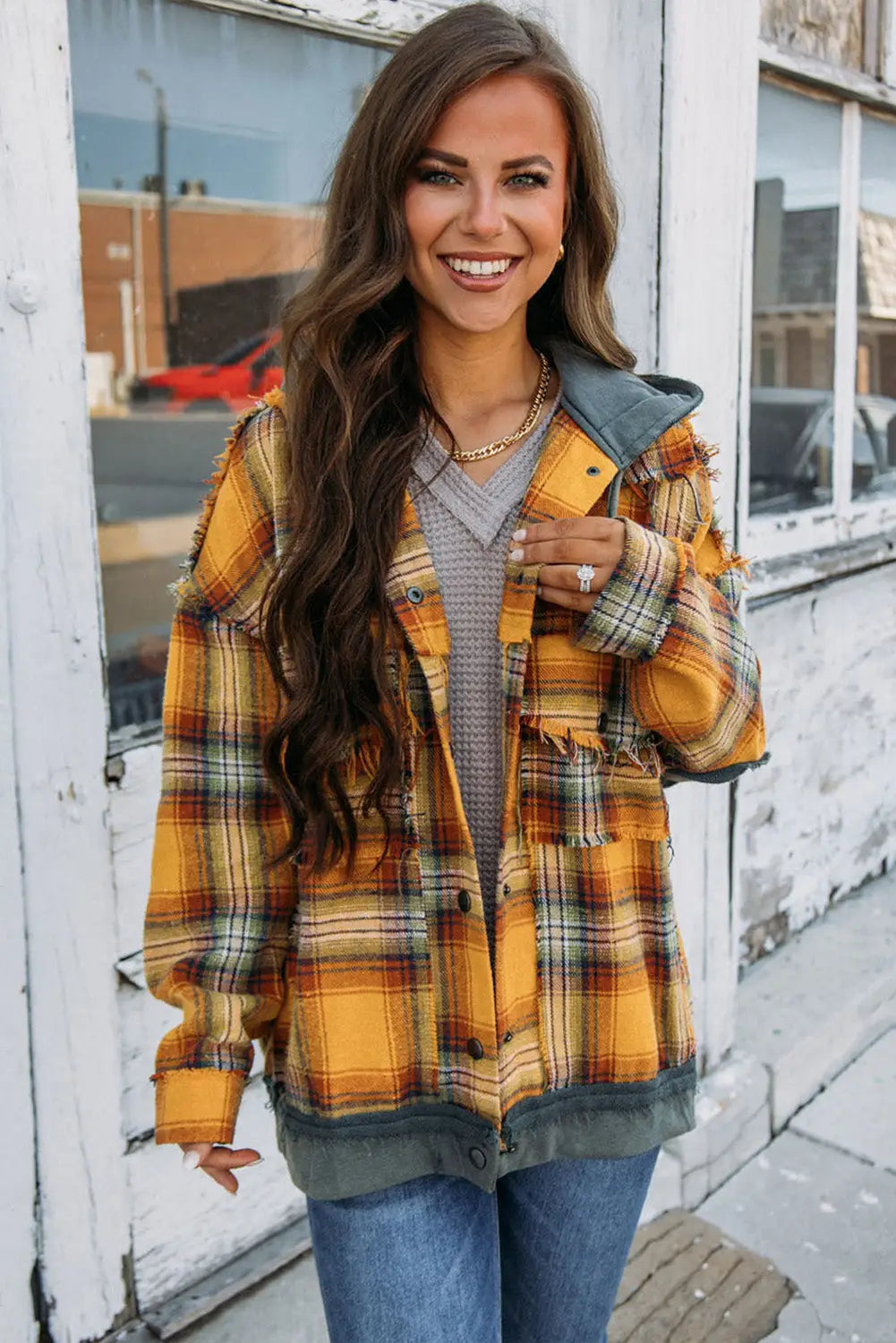 Orange plaid patch hooded frayed snap button jacket - jackets