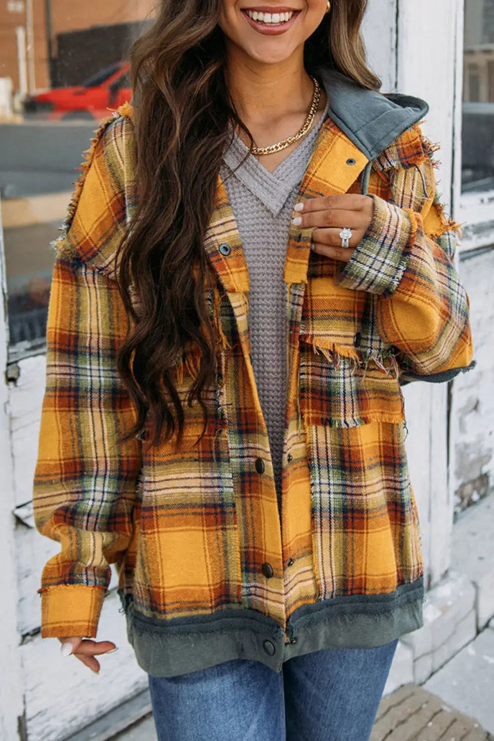 Orange plaid patch hooded frayed snap button jacket - s / 100% polyester - jackets